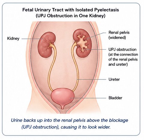 Illustration of fetal kidneys, ureters, and bladder showing widening of the renal pelvis.